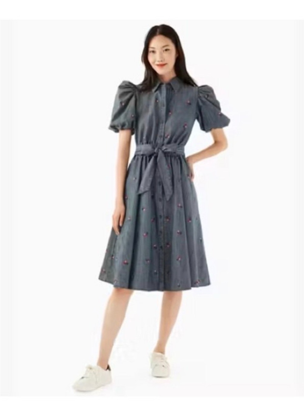 Kate Spade Women's Denim Embroidered Shirt Dress with Tie Waist